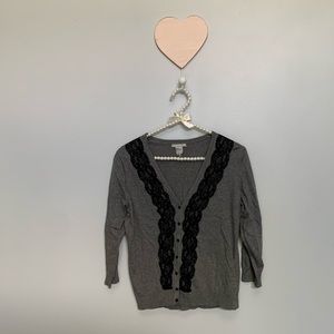 H&M Gray with Black Lace 3/4 Sleeve Cardigan